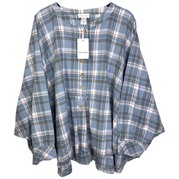 3X - HEYSON - Gray Blue Plaid Flannel Blouse NEW - Picture 3 of 9